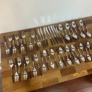 Vintage Interpur Japan Stainless Steel and Faux Wood Flatware Set 46 MCM Modern